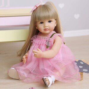 22 Inches Long Blond Straight Hair Reborn Silicone Vinyl Body  Baby Girl Doll
